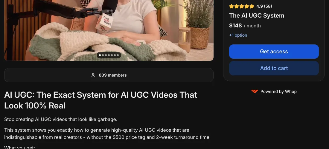 The AI UGC System AI UGC course listing on Whop by Marketing Mafia showing $148 per month price, 4.9 rating and 839 members