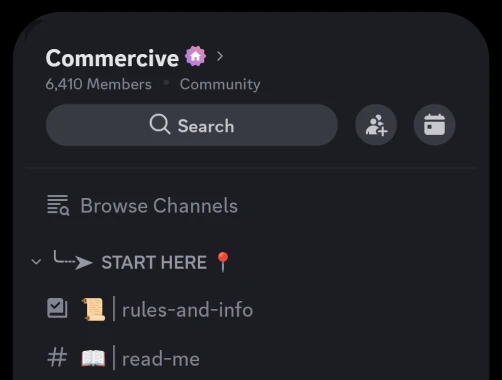 Commercive private Discord community for dropshipping fulfillment showing 6,410 members and start here channels