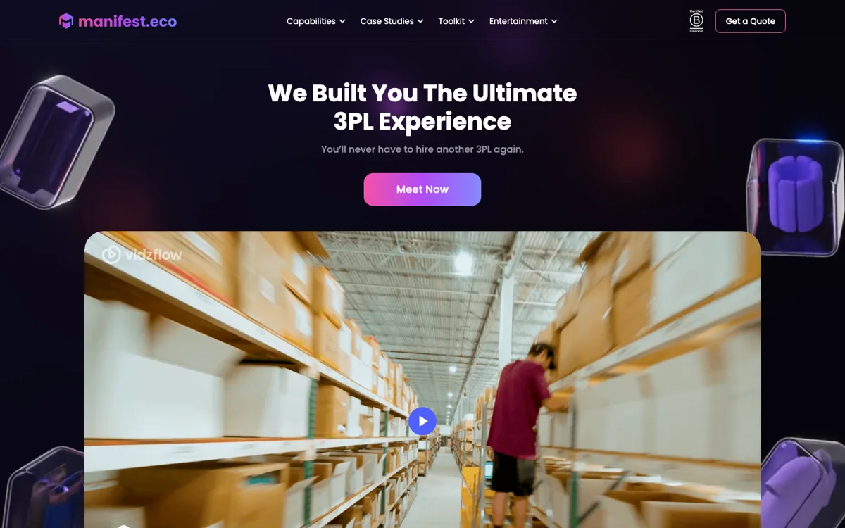 Manifest.eco 3PL homepage, an Austin-based ecommerce fulfillment provider founded by a ShipBob co-founder