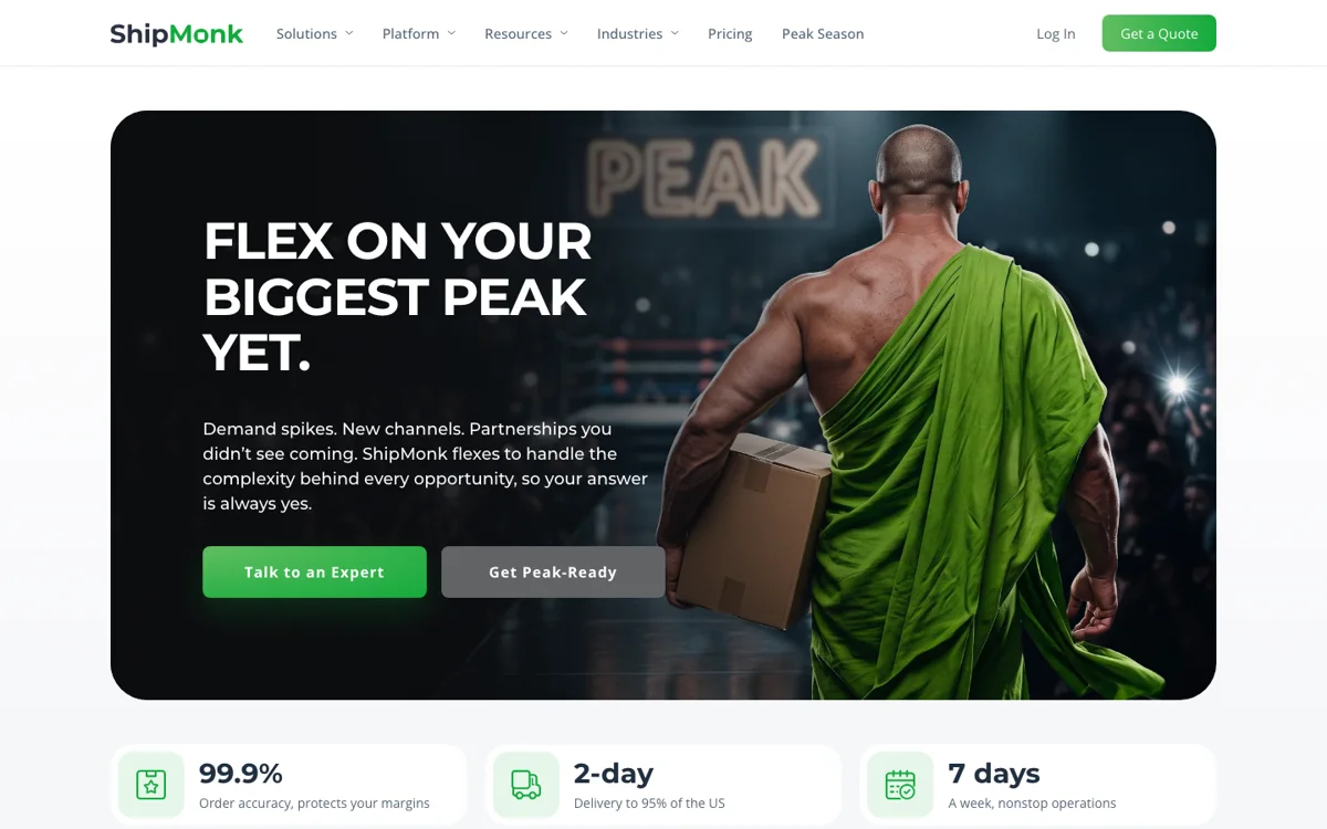 ShipMonk 3PL homepage showing 99.9% order accuracy, 2-day delivery to 95% of the US and 7-day operations