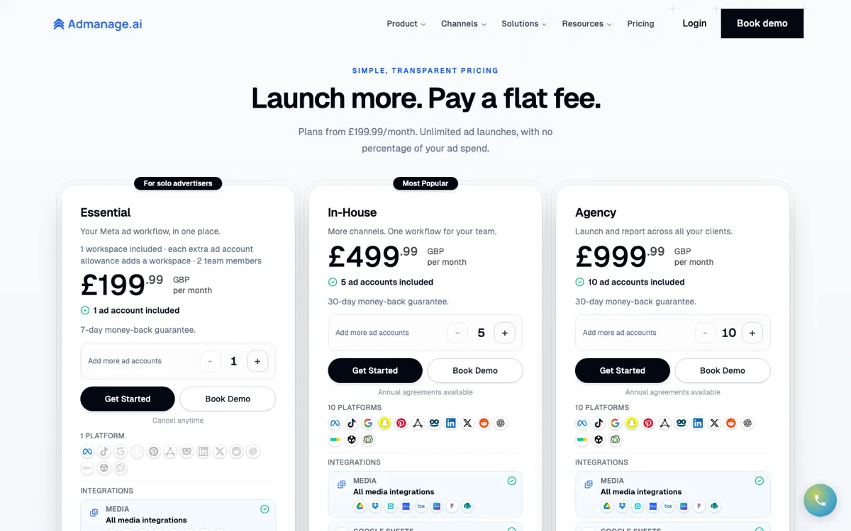 AdManage bulk Meta ads launcher pricing page with Essential, In-House and Agency plans in GBP