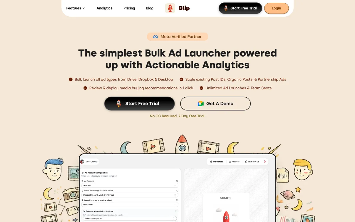 Blip bulk Meta ads launcher homepage showing Meta Verified Partner badge and bulk ad launch features