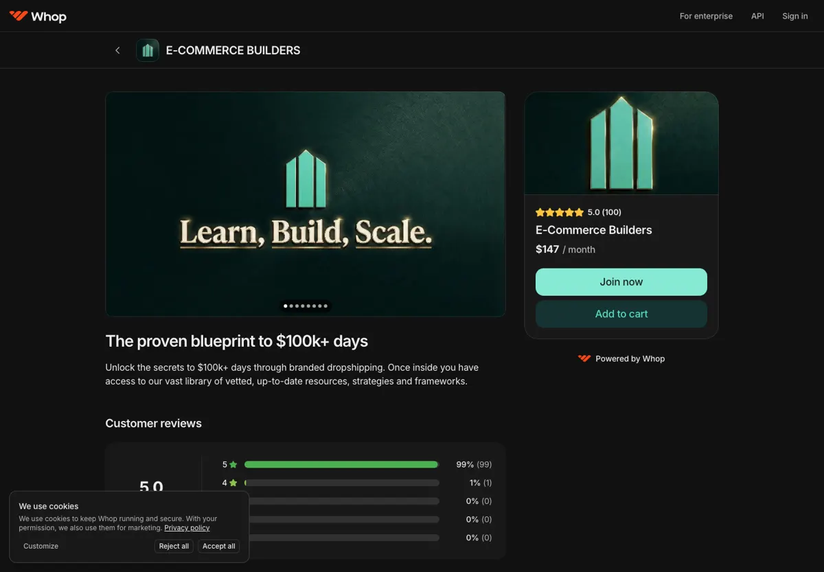 E-Commerce Builders dropshipping course Whop listing showing 5.0 rating from 100 reviews and $147 per month