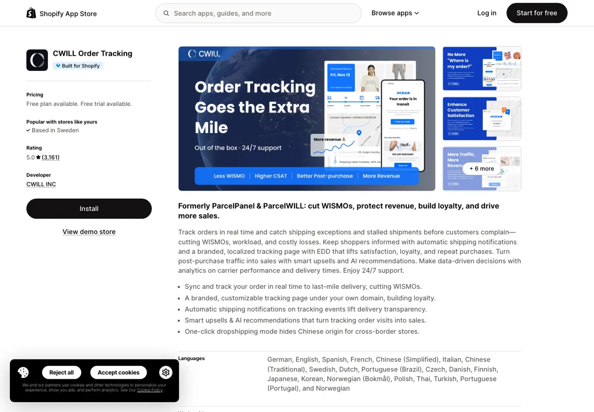 Parcel Panel CWILL order tracking app Shopify App Store listing with 5.0 rating and 3,161 reviews