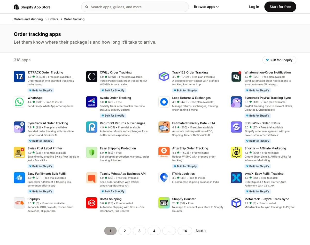 Shopify App Store order tracking apps category showing 17TRACK, CWILL (Parcel Panel), Track123 and AfterShip ratings