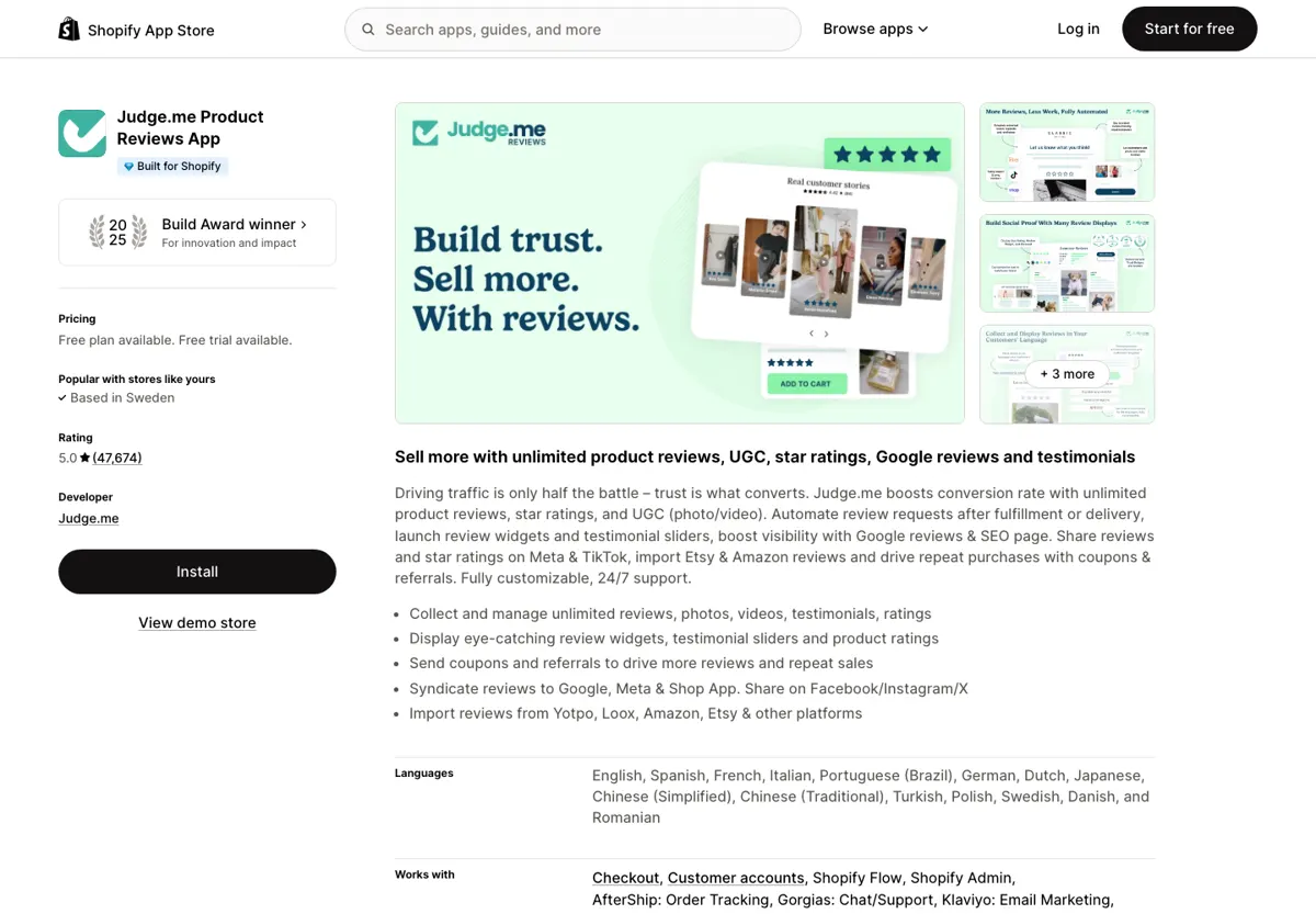 Judge.me product reviews Shopify app listing showing a 5.0 rating from 47,674 reviews, the best Shopify review app in 2026