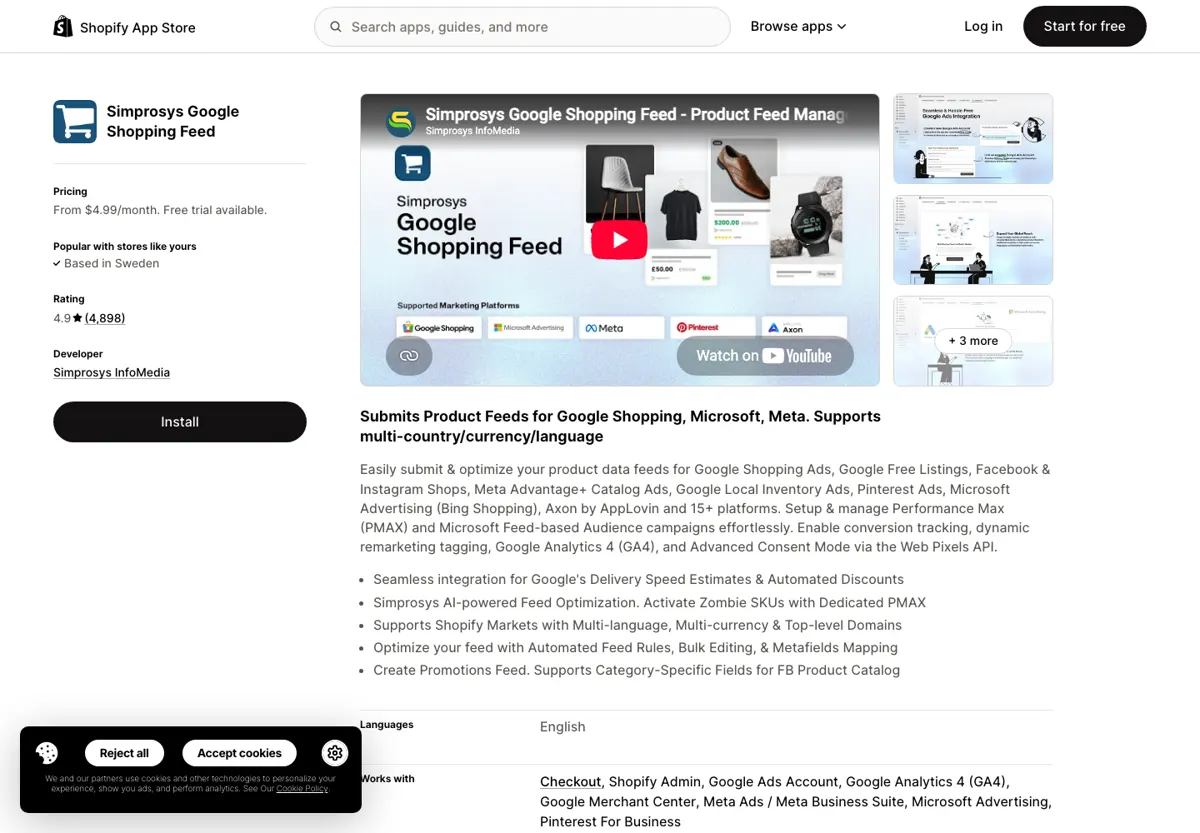 Simprosys Google Shopping Feed Shopify app listing, the best Shopify app for Google Merchant Center with 4.9 stars