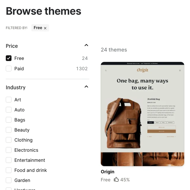 Shopify Theme Store filtered to free themes showing 24 free and 1,302 paid themes, a starting point for choosing the best Shopify theme for dropshipping
