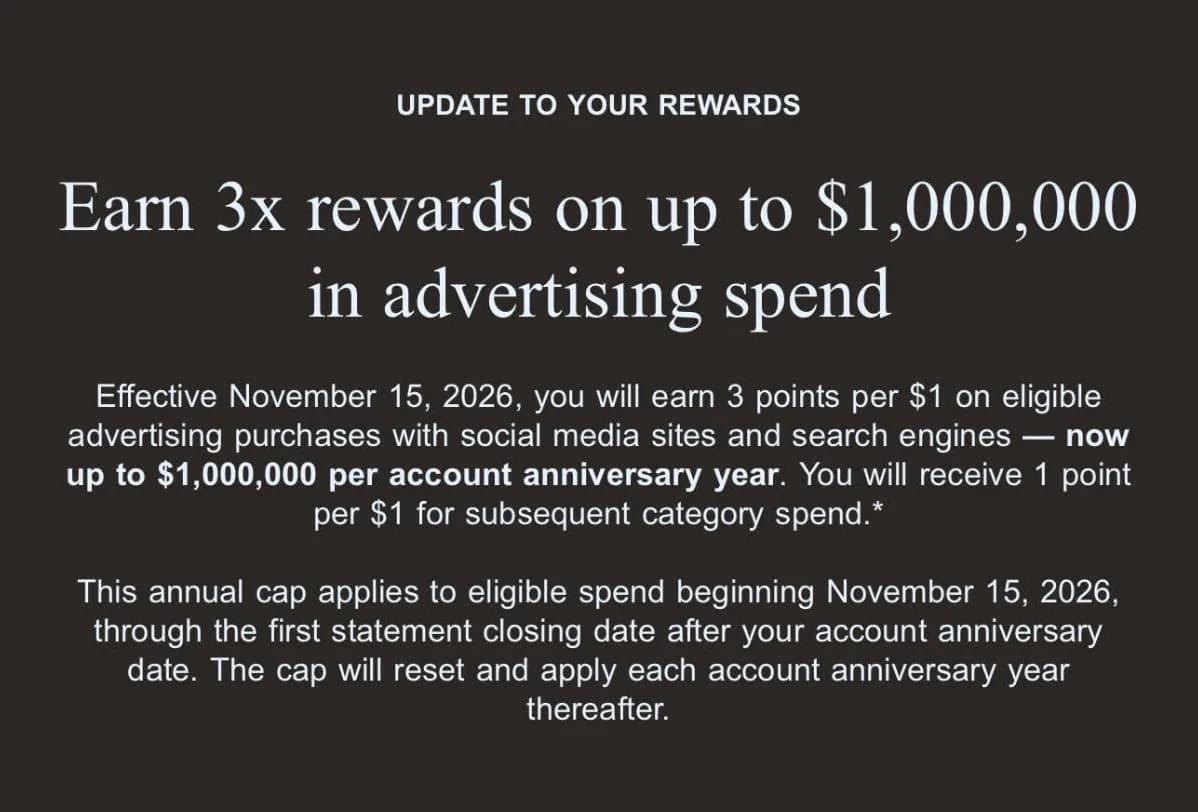 Chase Sapphire Reserve for Business email announcing 3x rewards capped at $1,000,000 in advertising spend per account anniversary year from November 15, 2026