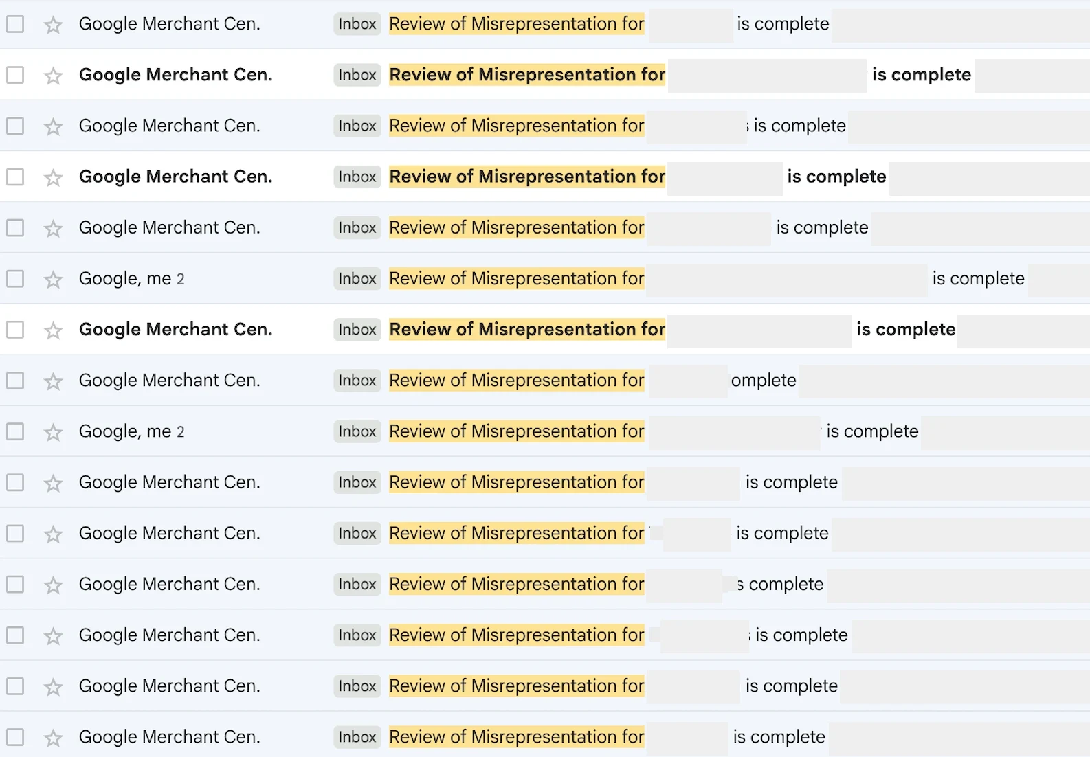 Google Merchant Center emails: Review of Misrepresentation is complete for 15 accounts, misrepresentation suspensions lifted