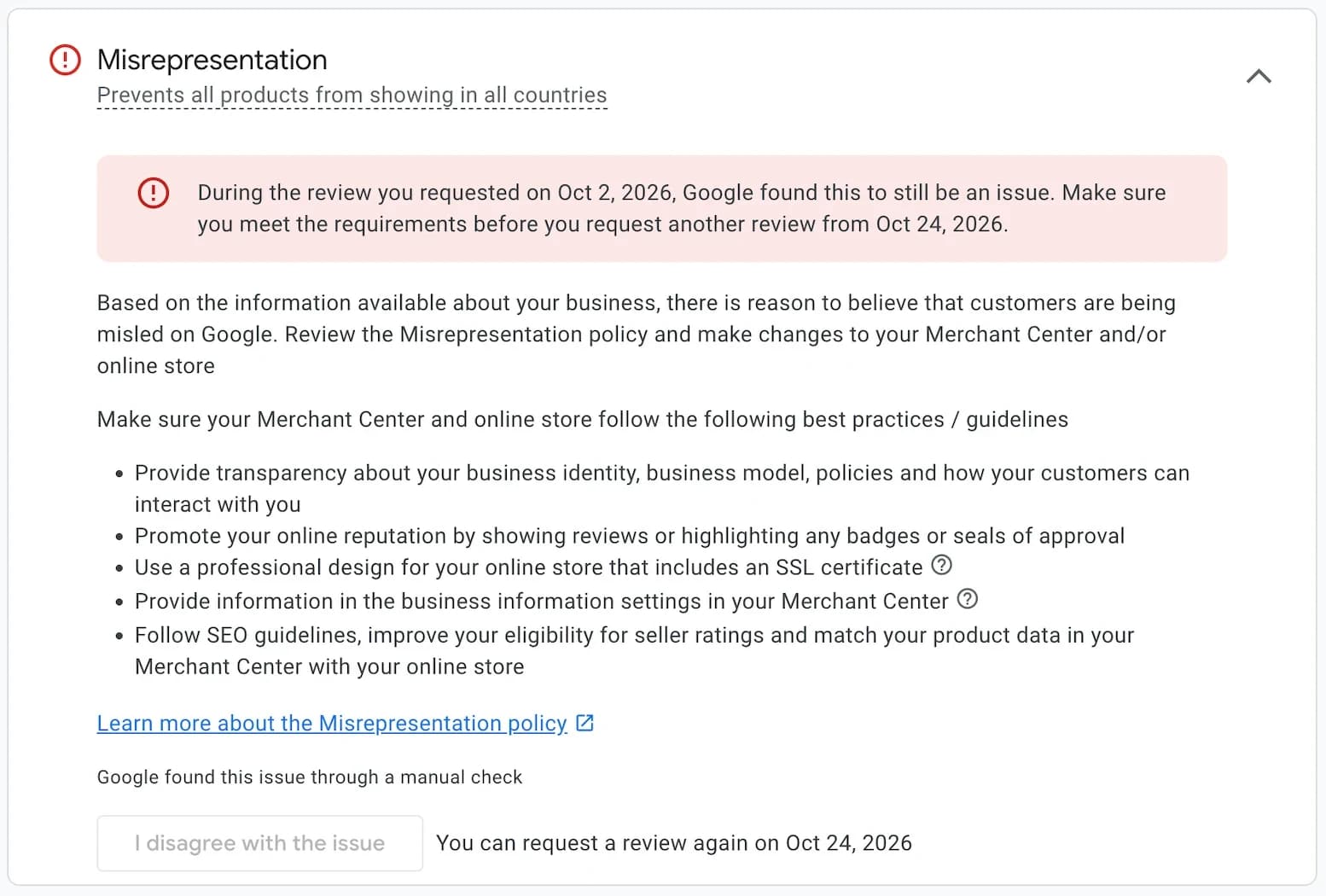 Google Merchant Center misrepresentation issue: prevents all products from showing in all countries, with a cool down before the next review