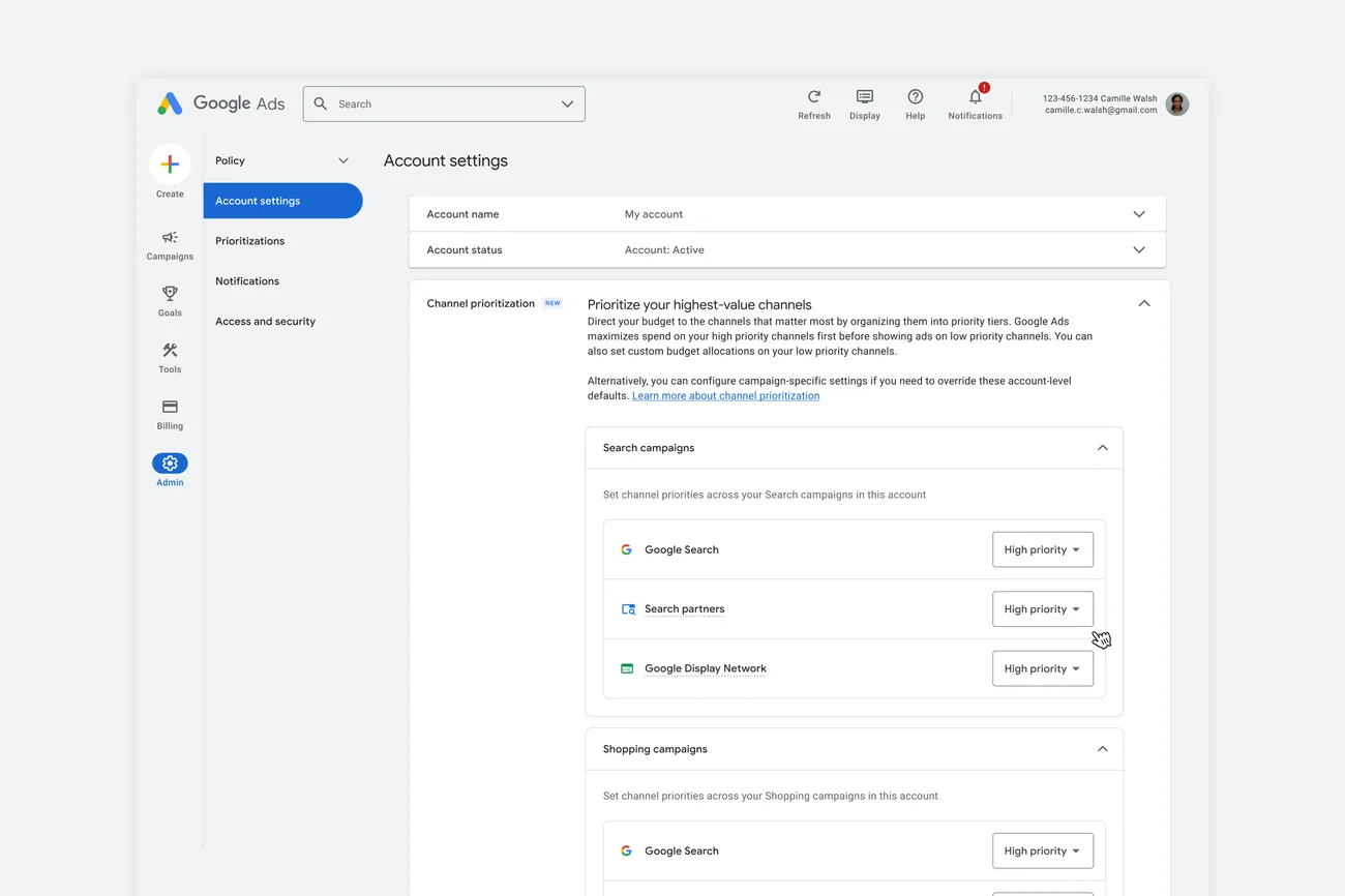 Google Ads channel prioritization card in Account settings with Google Search, Search partners and Google Display Network set to High priority for Search campaigns