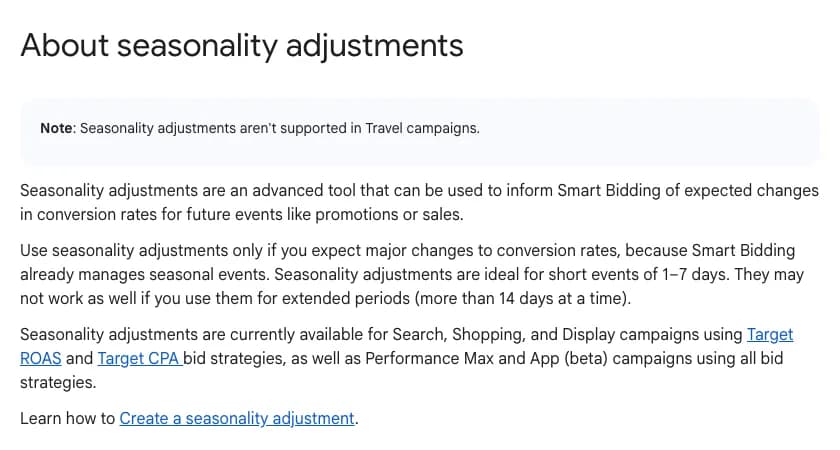 Google Ads Help page About seasonality adjustments describing 1 to 7 day events and supported campaign types