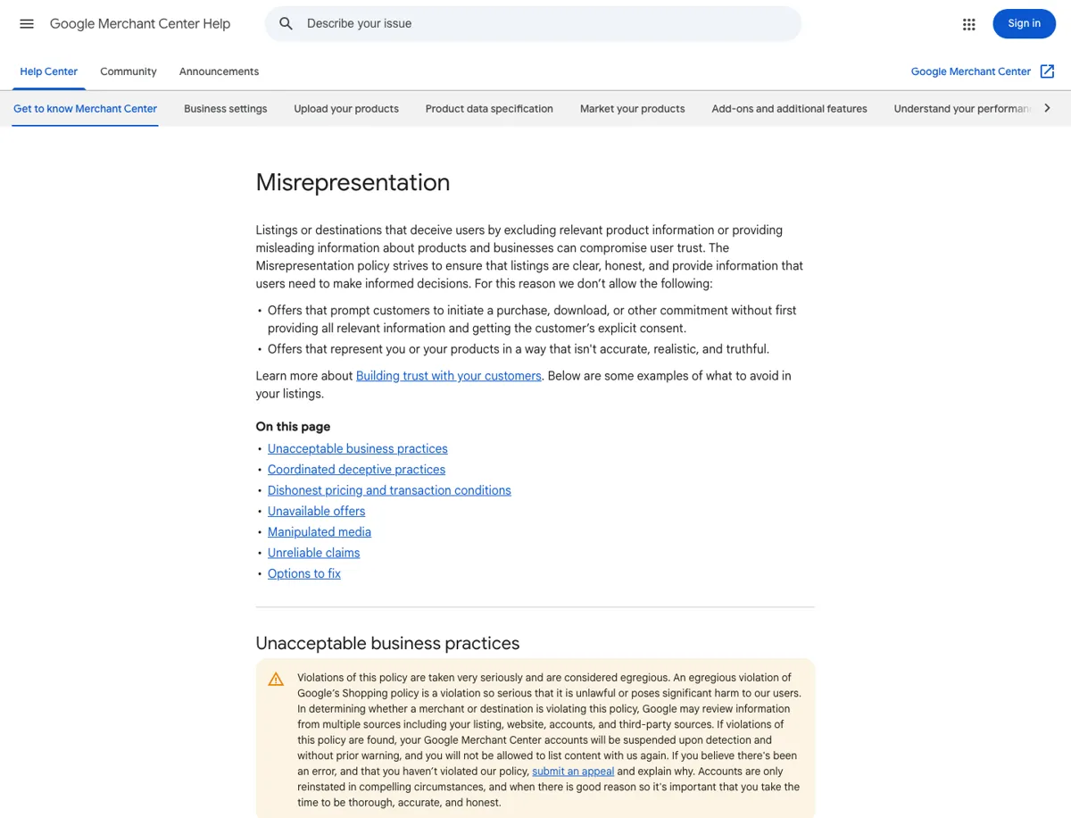 Google Merchant Center Misrepresentation policy page warning that egregious violations lead to account suspension without prior warning