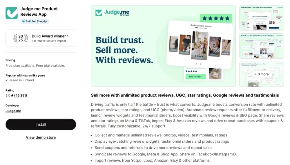 Judge.me Product Reviews Shopify app listing, the review app used to get Google Shopping rating reviews, rated 5.0 from 49,351 reviews