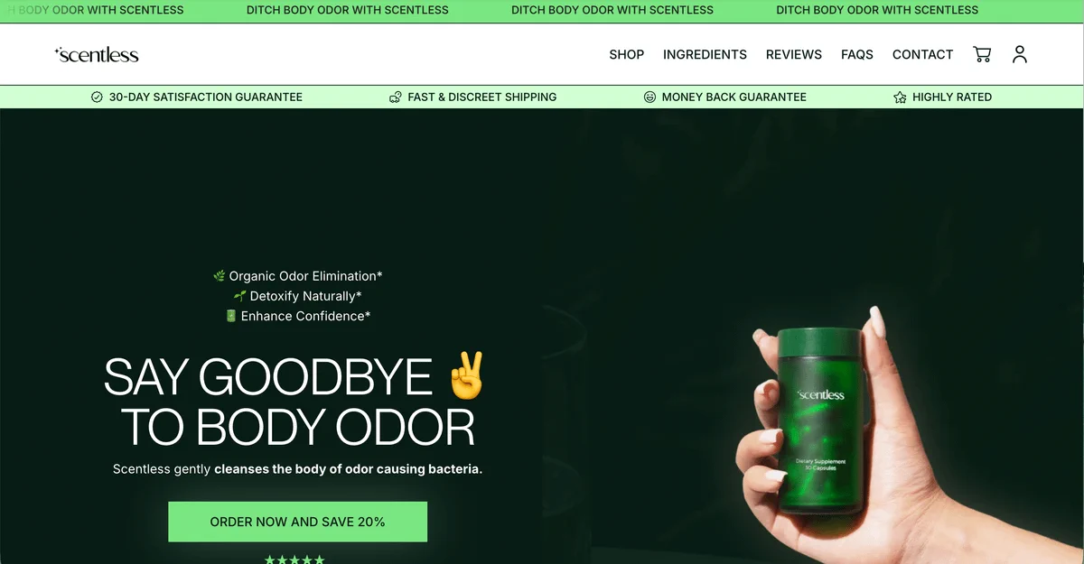 Scentless DTC supplement store homepage shared in the Notch AI founders' thread about running an ecommerce brand with AI agents