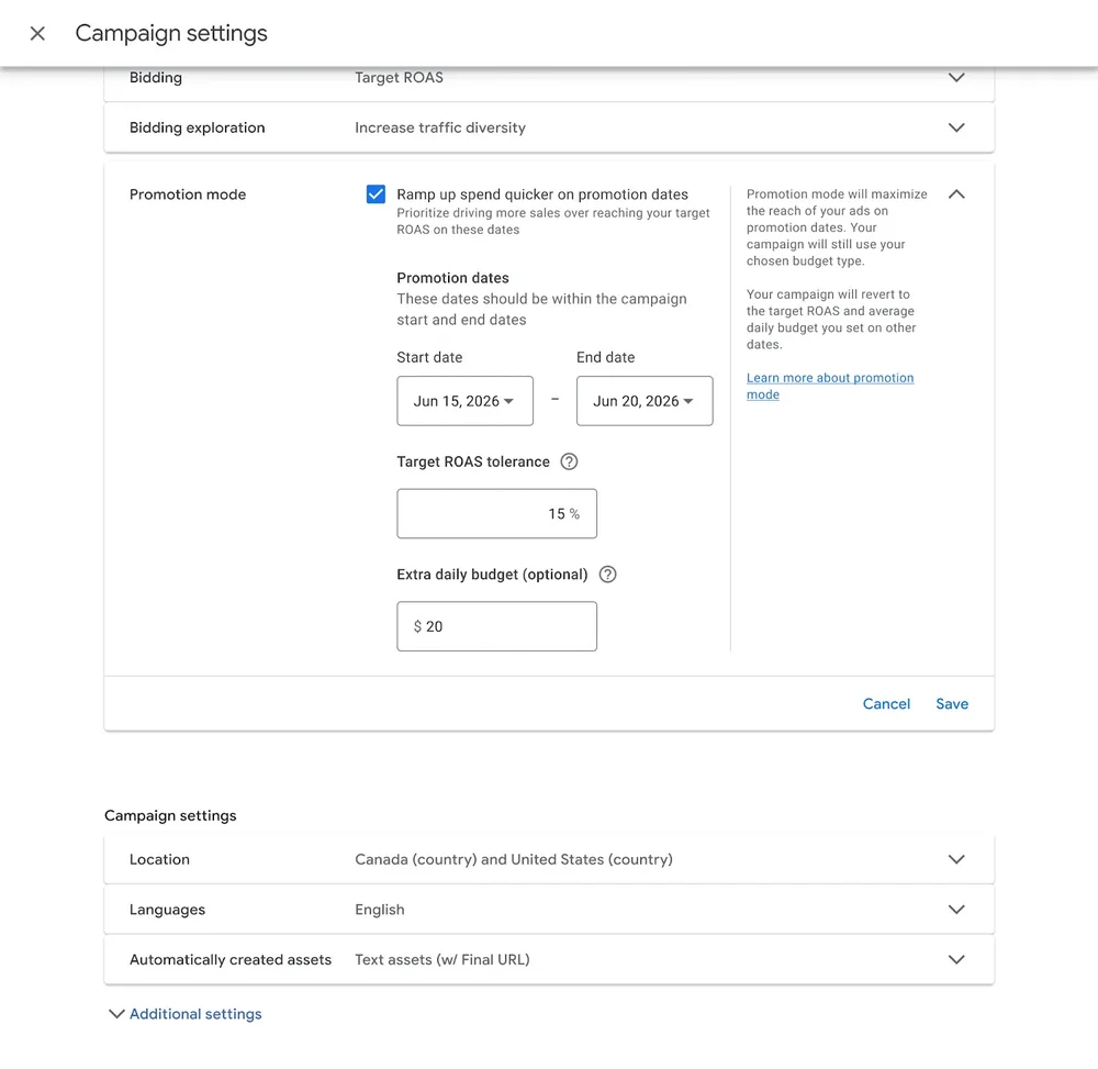 Promotion mode in Google Ads campaign settings showing promotion dates, Target ROAS tolerance and optional extra daily budget