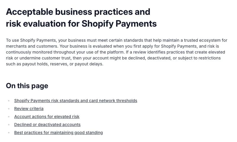 Shopify Help Center page on acceptable business practices and risk evaluation for Shopify Payments, mentioning payout holds, reserves and payout delays