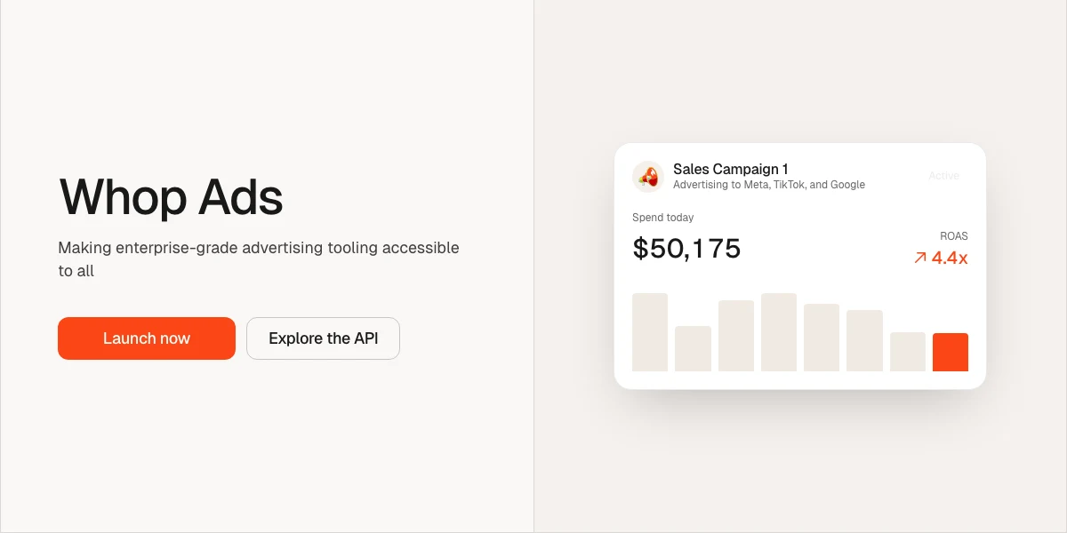 Whop Ads campaign card advertising to Meta, TikTok and Google with daily spend and ROAS