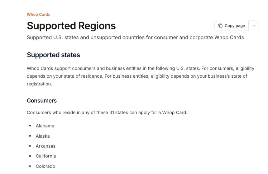 Whop Card supported regions documentation page explaining eligibility by state of registration for businesses and state of residence for consumers