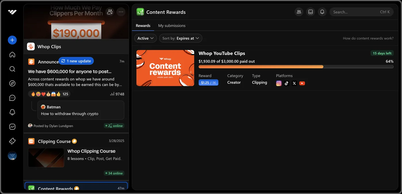 Whop clipping Content Rewards app showing the Whop YouTube Clips campaign at 1.25 dollars per 1,000 views with budget paid out and days left