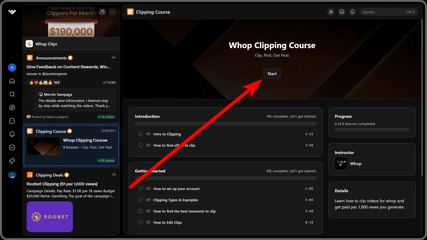 Whop clipping course inside Whop Clips with 8 lessons including intro to clipping, how to find offers to clip and how to edit clips