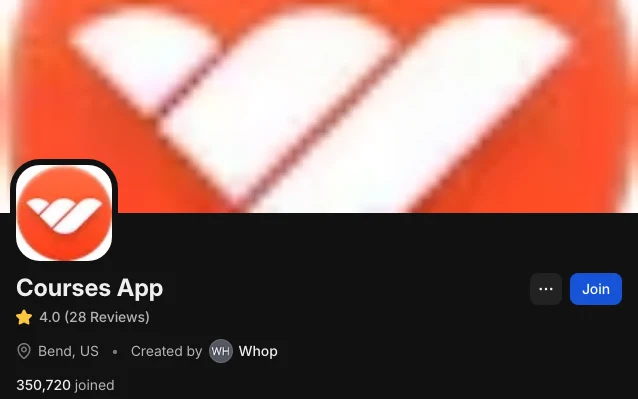 Whop Courses App for course creators and education businesses, 350,720 joined, rated 4.0