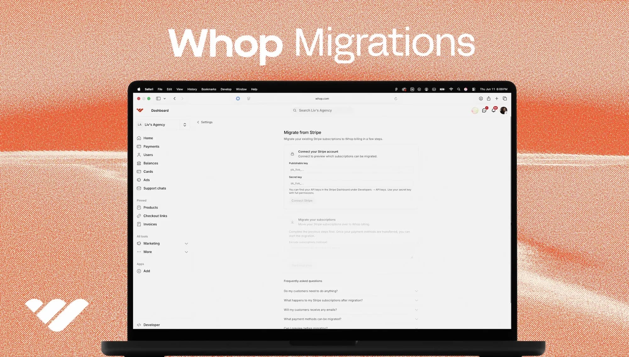 Whop Migrations dashboard for moving ecommerce Stripe subscriptions to Whop without customers re-entering cards