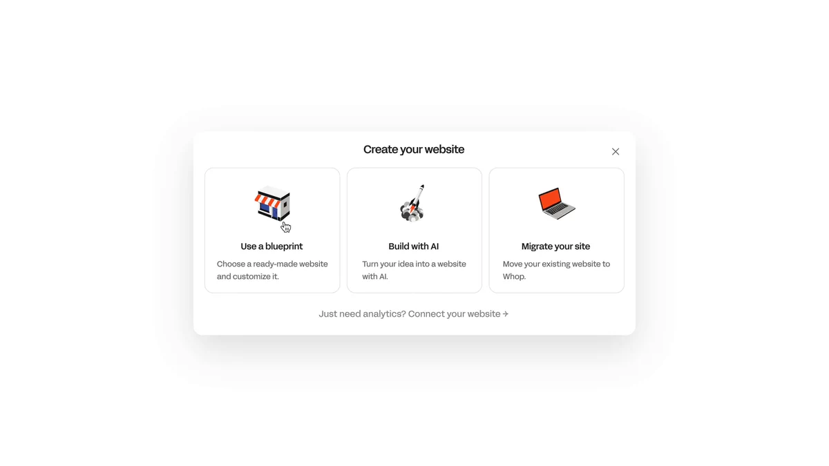 Why Whop for ecommerce: Whop store builder with blueprint, build with AI and migrate your site options
