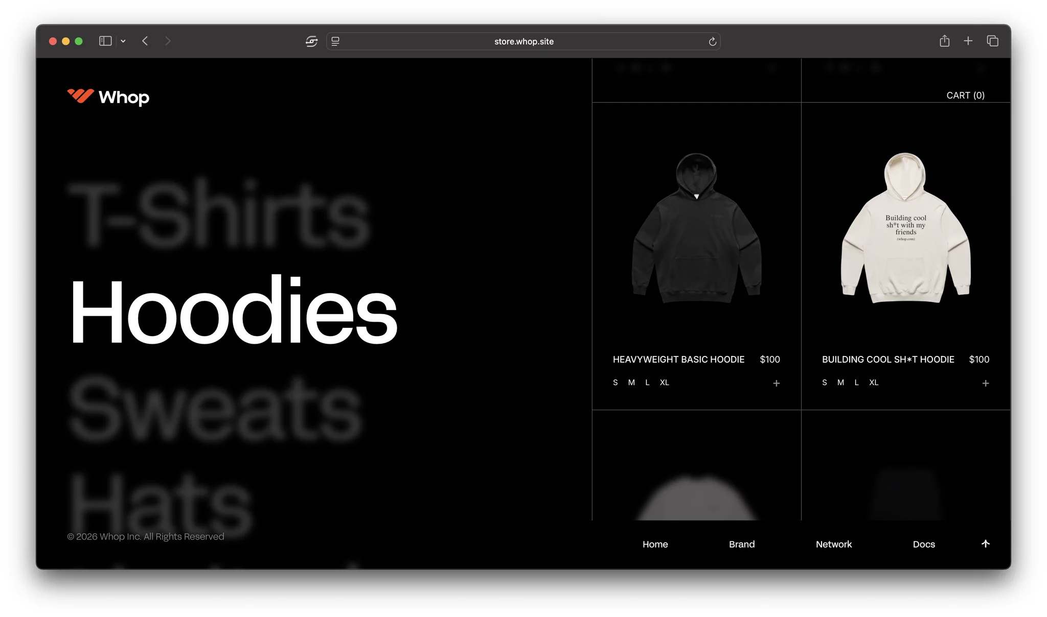 Whop merchandise store demo at store.whop.site showing a hoodies category, product cards with sizes and prices, and a cart