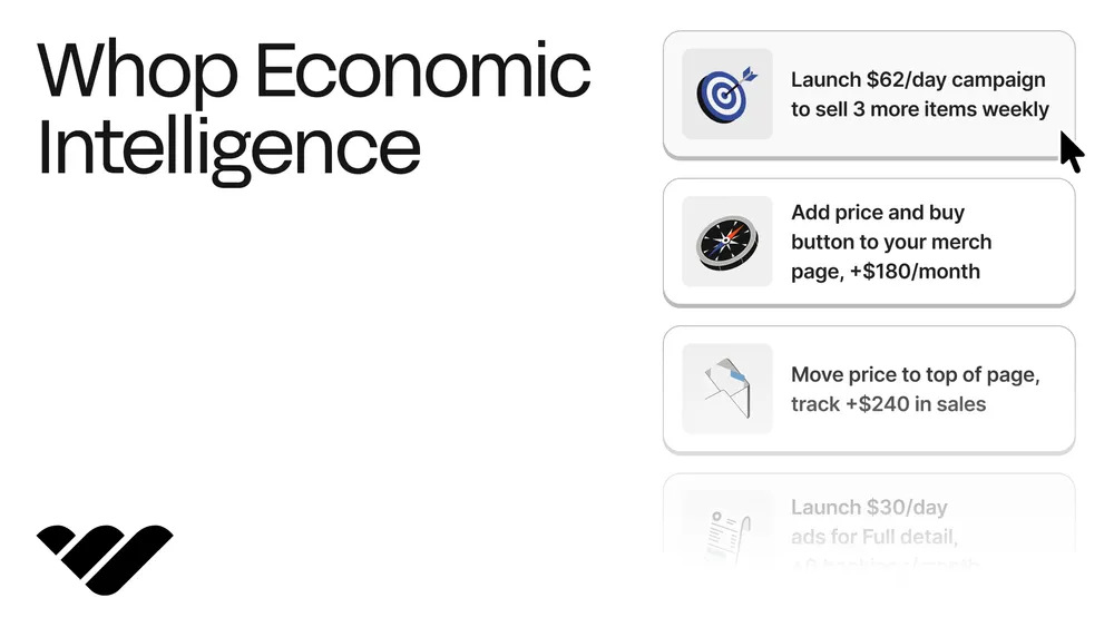 Whop AI Economic Intelligence recommendations such as launching a campaign and adding a buy button