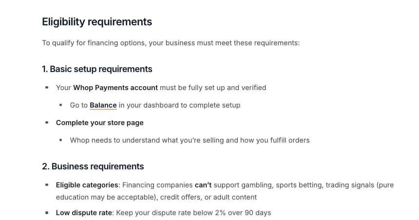 Whop docs Apply for Financing page showing the eligibility requirements: a verified Whop Payments account, a completed store page, eligible categories and a dispute rate below 2 percent