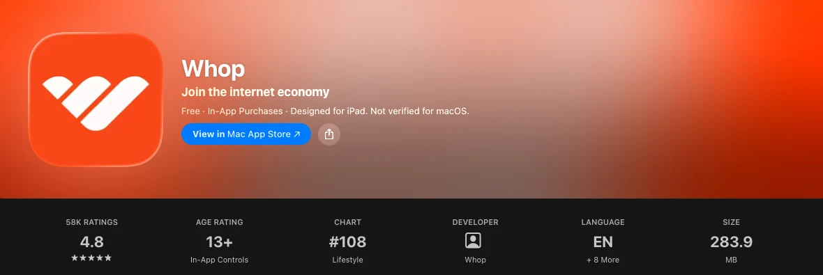 Whop earning app on the App Store rated 4.8 from 58K ratings, free to download