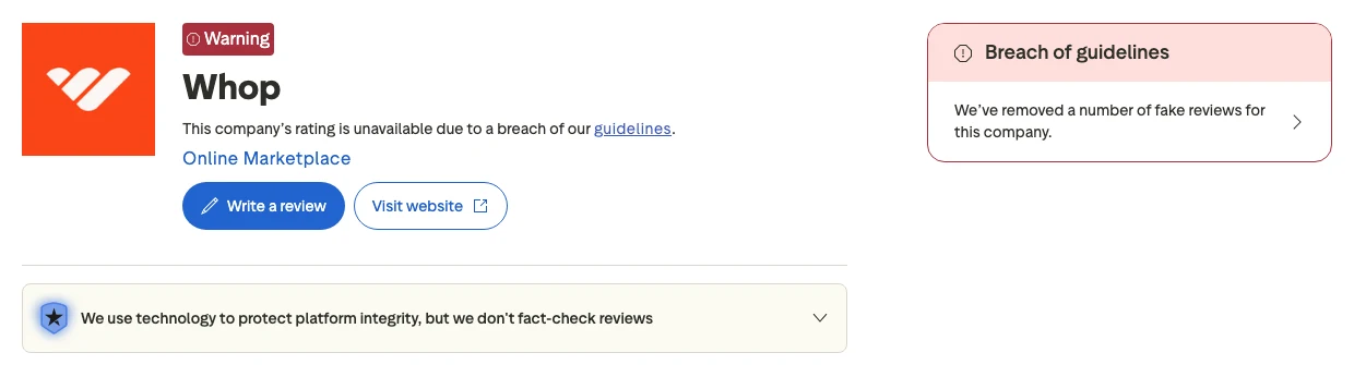 Whop reviews on Trustpilot showing a warning that the rating is unavailable due to a breach of guidelines and fake reviews removed