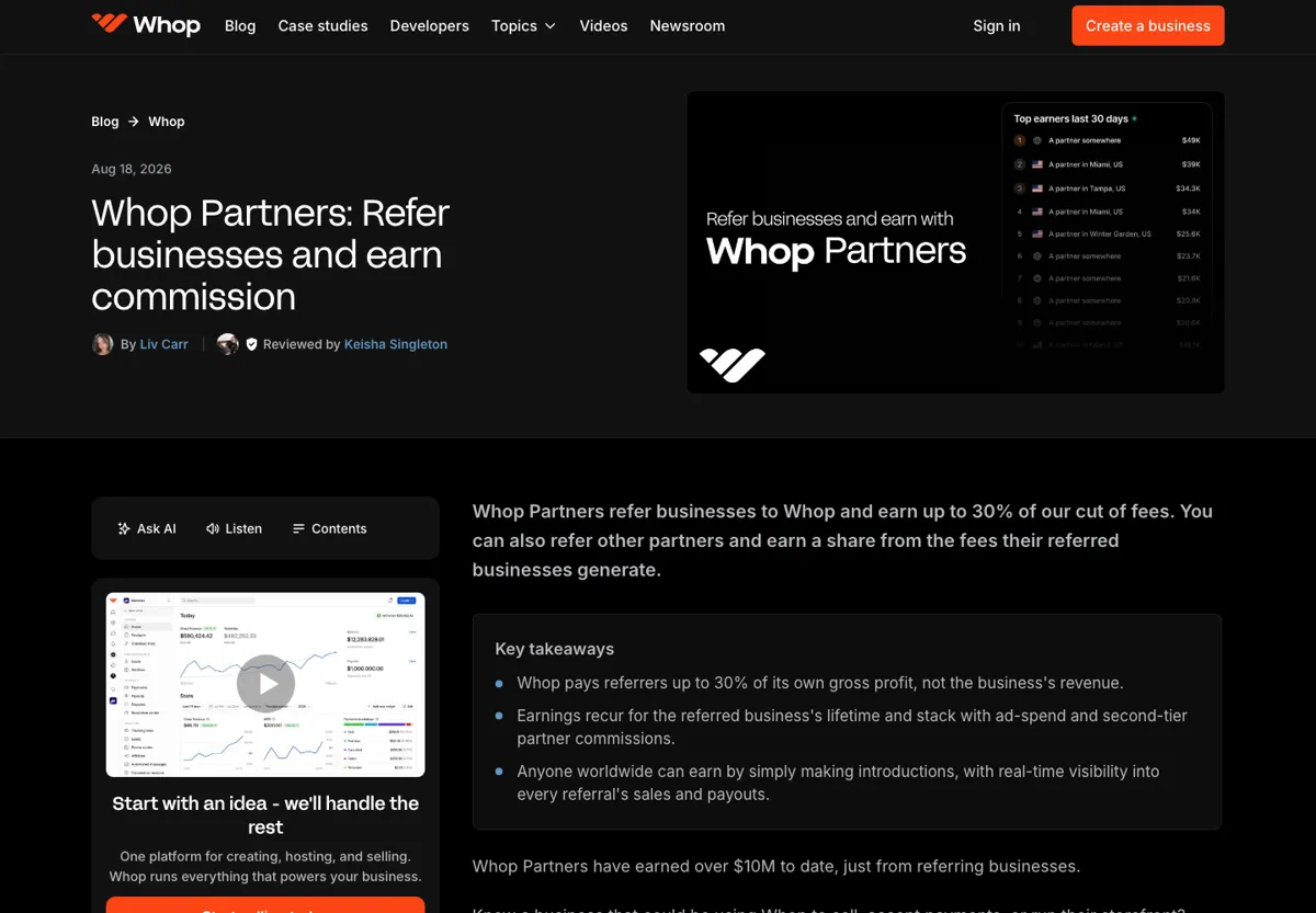 Whop Partners program page showing up to 30 percent commission on referred businesses and top earners in the last 30 days