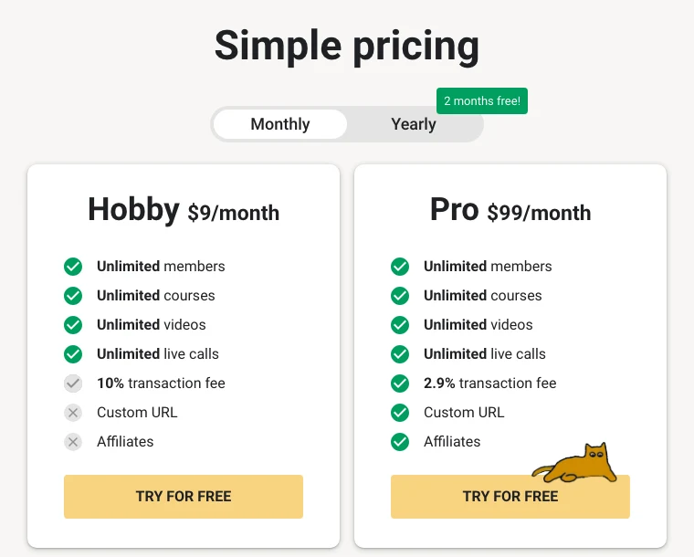 Whop vs Skool: Skool pricing page with Hobby at 9 dollars a month and 10% fee, Pro at 99 dollars a month and 2.9% fee