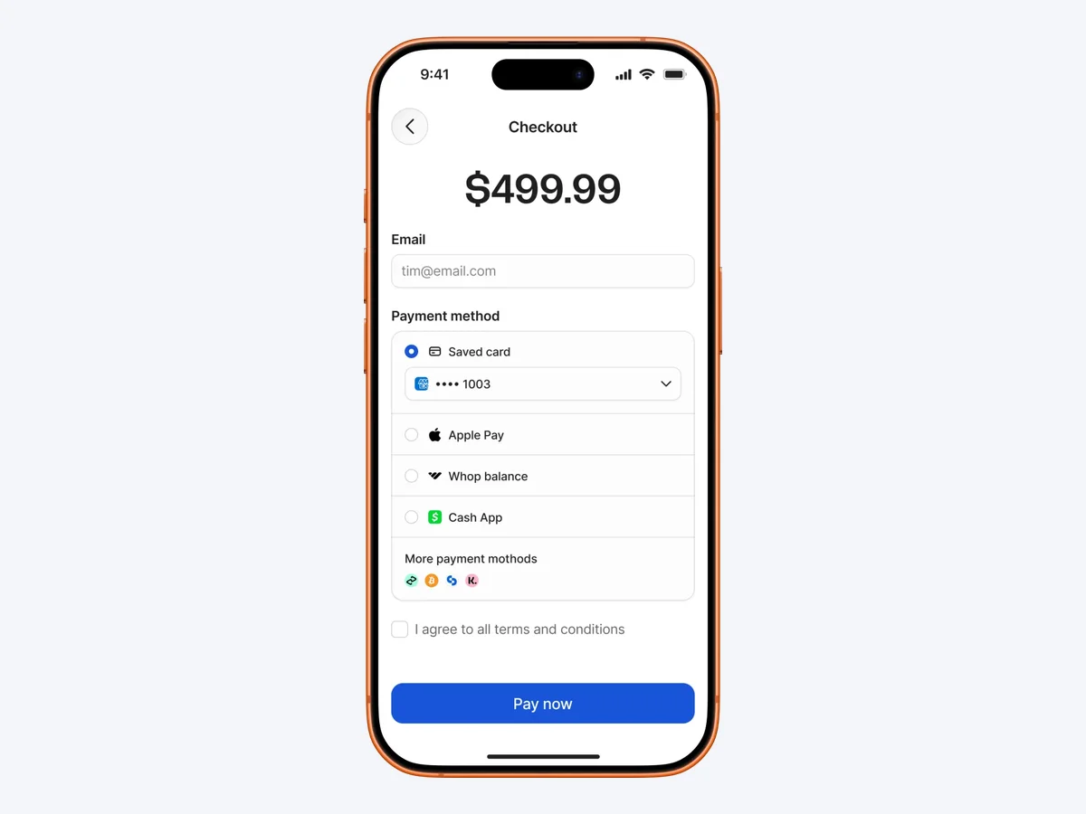 Why Whop checkout on mobile showing saved card, Apple Pay, Whop balance, Cash App and more payment methods