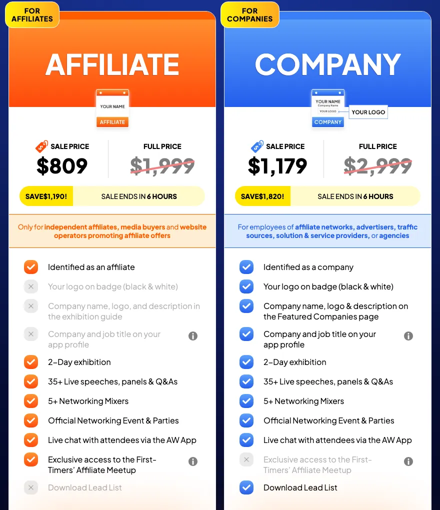 Affiliate World Asia 2026 ticket prices: affiliate ticket $809 sale vs company ticket $1,179 sale, with what each includes