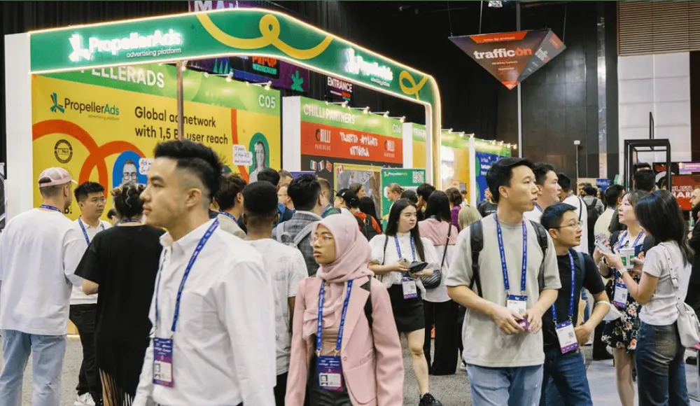 Affiliate World Asia expo floor with marketplace booths and attendees