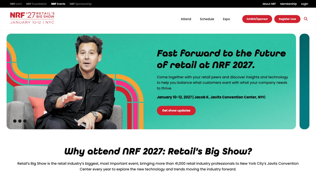 NRF 2027 Retail's Big Show official website: January 10-12, 2027, Javits Center