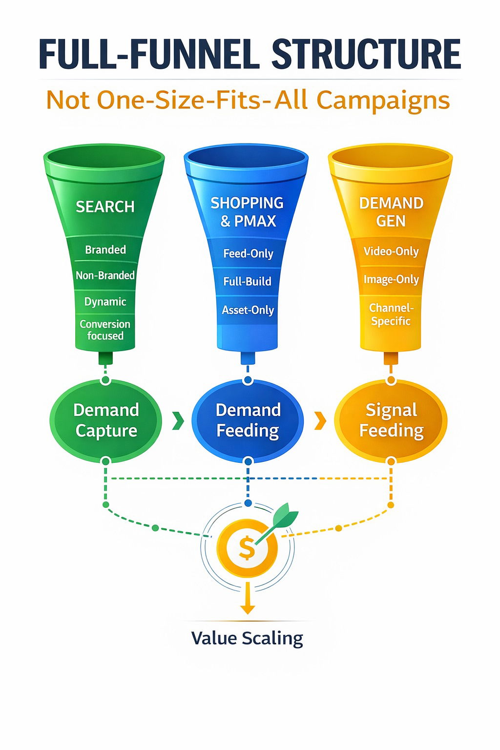 Shopiator full-funnel Google Ads structure: Search, Shopping & PMax, and Demand Gen funnels flowing into Value Scaling