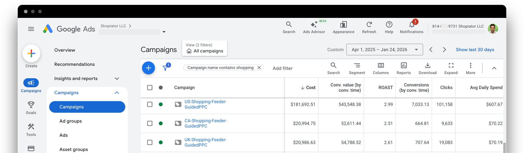 Google Ads Shopping campaigns managed by Shopiator LLC
