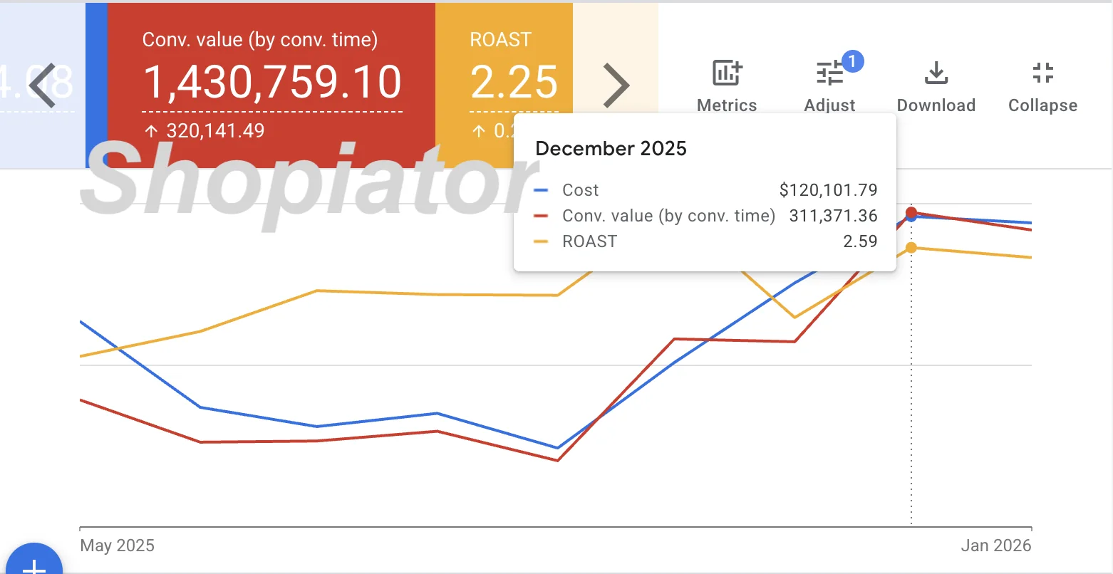Google Ads dashboard: $100K to $300K monthly revenue scaling