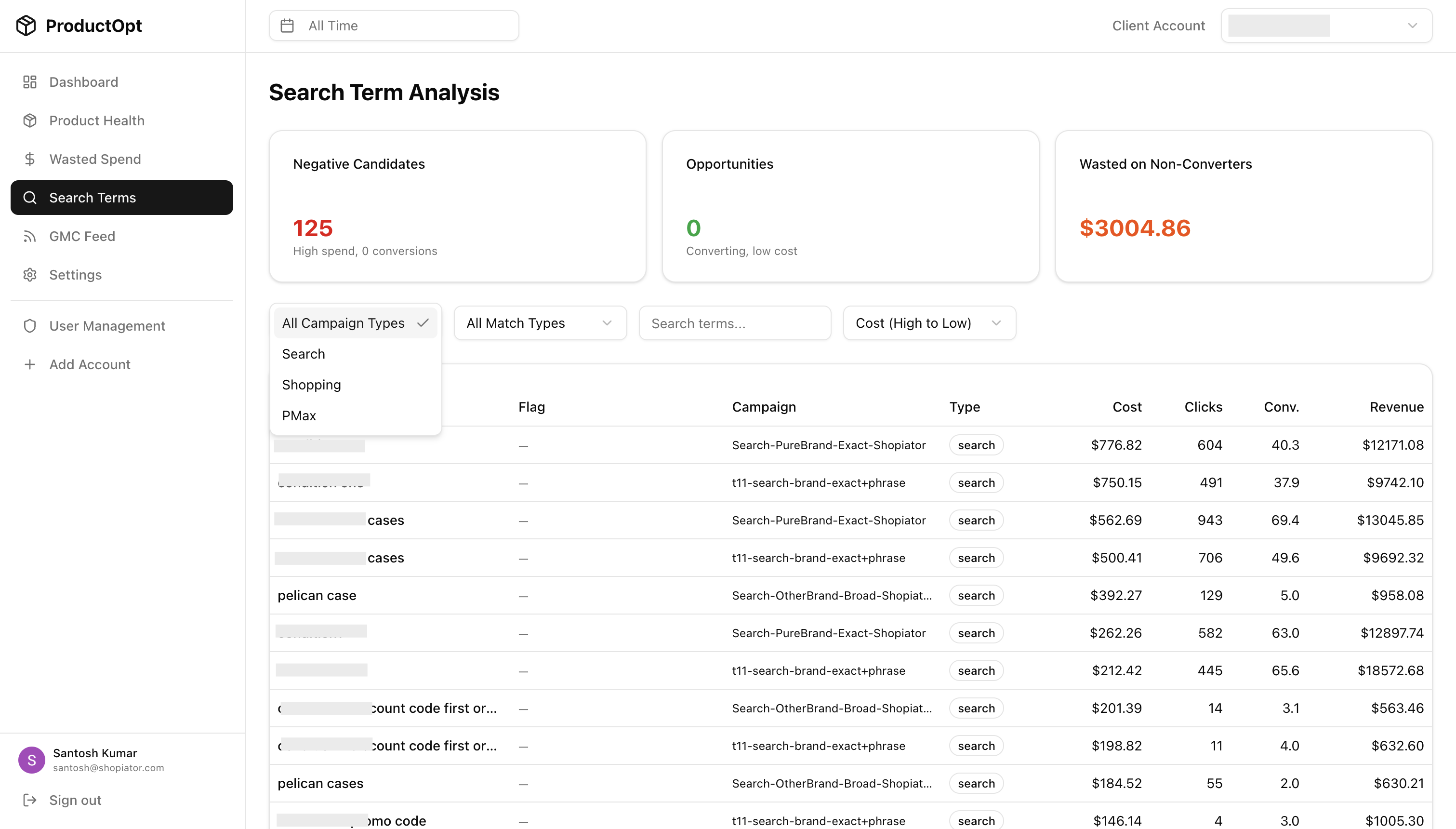 Search Term Analysis showing negative candidates, opportunities, and search term performance data